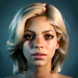 Shakira, artist, 30 years old, Realistic image, waist up portrait, Helmut Newton style. blonde, loose long hair, eyes make up, perfect, glow, circle iris. concept art, smooth, unreal engine 5, god lights, ray tracing, RTX, lumen lighting, ultra detail, volumetric lighting, 3d, finely drawn, high definition, 4k.