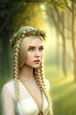 young elf woman, countryside, blonde braids, trees, fields, magic, motif, white dress, cinematic, forrest, happy, 3d art, alfons mucha, photography, slight smile