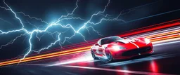lightning and electricity streaming across composition left to right, behind is a bunch of stripes inspired by modern racing vehicle graphics to convey speed