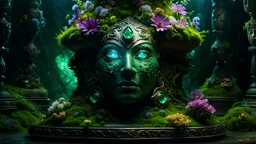 A powerful Raku Druid mask, eyes made of emeralds, sitting on an ancient pedestal with moss and tiny, colorful flowers growing on it, in a dimly lit, cave-like room. Epic, light particles, cinematic brilliant stunning intricate meticulously detailed dramatic atmospheric maximalist digital matte painting, a masterpiece, 8k resolution, dark fantasy concept art, by Greg Rutkowski, dynamic lighting, hyperdetailed, intricately detailed, Splash screen art, trending on Artstation, deep color, Unreal En