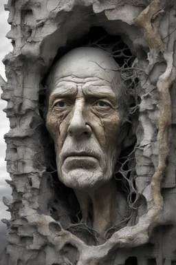 surrealis monochrome A fragmented, surreal sculpture liguid color of photorealistic image 3d,psychedelic art of an old man face glossy emerging from dreamlike a crumbling building. The face appears pale with deep cracks and intricate details, evoking a haunting expression. Blackened tree branches intertwine with the gold mengkilat cracks, set against a backdrop of stormy, cloud-filled skies. bauhaus art The overall tone is dark and moody, suggesting themes of decay and transformation. Include