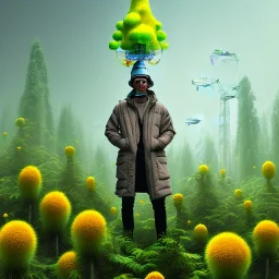 portrait of wild scientist in coat, yellow mad hat ,cell towers overgrown with plants, autmn, mist, spotlights, spray paint art, book illustration, 4k, high detail