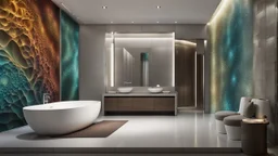 a big stunning fractal illustration with stepwise metalic colors on the wall in the luxury bath, hyperdetailed , natur lighting, intricate detailed, high focus, cinematic, stunning, photorealistic