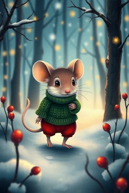 Cute cute mouse is dressed in red pantaloons and a knitted green jumper, strolling through the twilight winter forest, high detail, bright colors,high quality