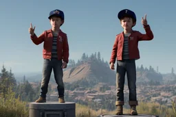 The boy is standing on a stylized podium, raising his right hand victoriously in the air, with his fingers forming a "V" sign. His left hand holds a symbolic representation of his achievement, which could be a miniature golden cup, a shining star, or any object that reflects the context of the competition or event.