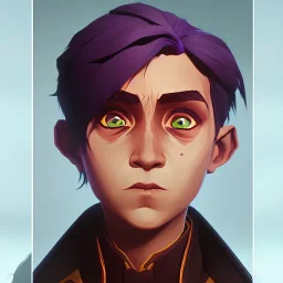 Portrait of a 9 year old warlock boy with tricky eyes Nick Harris style