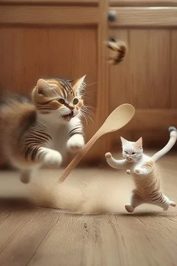 mother cat chasing baby cat with wooden spoon