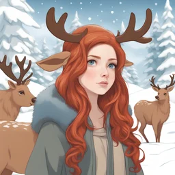 red haired girl in a tawny reindeer onesie with antlers blue eyes looking over shoulder towards viewer snowy background art