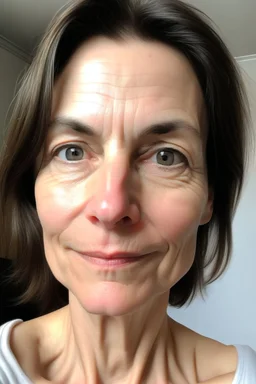 A selfie of a brunette woman, middle short hair taken after massage at spa salon. showing a 47-year-old European woman. She has white skin, tousled brown hair, face without makeup, big round dark brown eyes, cute profiled nose, detailed full lips, skin texture.