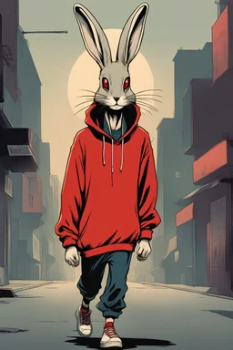 Vintage Anime, retro illustration of a cool ,elongated hare walking down street wearing a hoodie, slender, long ears, cartoonist, large eyes are half closed, red, hazy, stoned, pulp fiction style, graphic novel, manga, gothic theme, surreal fantasy illustration ,digital illustration, manga drawings, cartoonist, exaggerated, optical art, symbolism, psychedelic, holographic, smooth, dadaism, chrome,