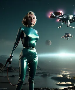 Ultra Realistic retro sci-fi 1960 scene, waist up view portrait, blonde woman, sweet young Marilyn Monroe face, perfect iris, tight latex coat, alien planet background, tight style, steel sphere dron levitating, fog, rain, soft color, highly detailed, unreal engine 5, ray tracing, RTX, lumen lighting, ultra detail, volumetric lighting, 3d, finely drawn, high definition, high resolution.