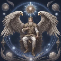 God-like man with infinite power who owns the galaxies and wears a beautiful crown, a jewel of diamonds and galaxies with weapons riding on a creature with an eagle head and eagle wings and eagle hands