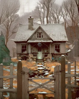 lone old stone cottage with lights on, by Frozen apocalypse " a patchwork art by Jamie heiden, peter doig, Renoir, pol Ledent, endre penovac, Gustave Loiseau, Arthur Rackham, Doug Chinnery, Maud Lewis. inlay, watercolors and ink, beautiful, fantastic view, extremely detailed, intricate, best quality, highest definition, rich colours. intricate beautiful dynamic lighting award winning fantastic view ultra detailed 4K 3D high definition hdr elegant intricate beautiful award winning fantastic view