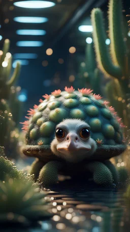 Space ostrich turtle cactus with friendly cute face and hair locks in dark lit reflective wet jungle metallic hall dome hotel tunnel, in the style of a game,bokeh like f/0.8, tilt-shift lens 8k, high detail, smooth render, down-light, unreal engine, prize winning