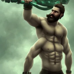 muscular shirtless man with big beard and big mustache and green eyes