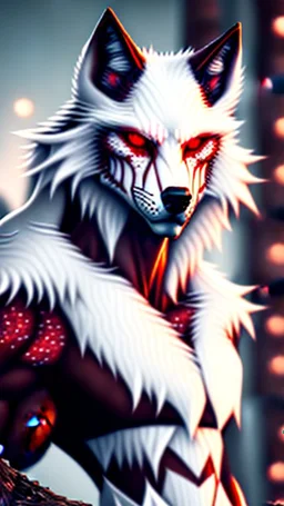 Feral, White fur, Werewolf, Red eyes, character, waist up portrait, oil on canvas, expert, insanely detailed, 4k resolution, cinematic smooth, intricate detail,