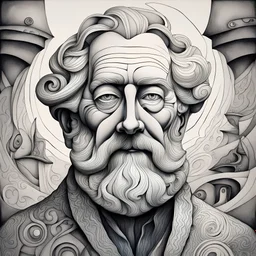 the head and shoulders of an elderly man with a beard, in the style of nautical surrealism, intricate compositions, ink and wash, psychedelic dreamscape, celtic art, white and gray, cubist street art --ar 72:107 --stylize 750 --v 6