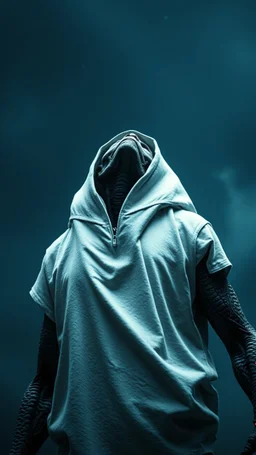 The creature from the the movie Prometheus with white hooded clothes looking to the sky