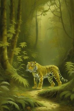 A nature guardian tiger in an olive rainforest painted by John Atkinson Grimshaw