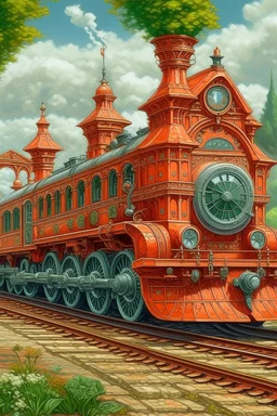A salmon orange colored steampunk train station designed in Navajo woven art painted by Claude Monet