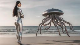 Wide-angle shot of a woman, standing to one side, with dark hair in a silver robotic catsuit, standing on a beach, flying mushrooms with octopus tentacles floating above her