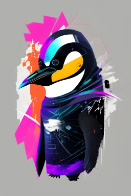 "Generate a Glitch Penguin vector graphics logo for a trendy T-shirt design. No background, PNG style, Depict a penguin with distorted, glitchy elements, giving it a unique and edgy look. Use bold colors and jagged lines to create an eye-catching and unconventional logo."