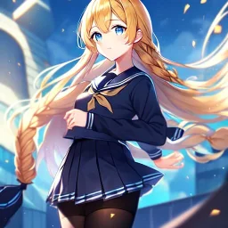 girl, masterpiece, best quality, volumetric lighting, detailed outfit, perfect eyes, long hair, golden hair, blue eyes, black stockings, school outfit, braided ponytail,