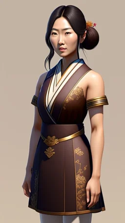 4K Photorealism : 30 year old Asian woman with a full body with a proportional body, symmetrical face, precise clean brown eyes, long flowing hair, precise chest accentuation, showing typical Japanese clothing