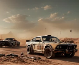 Realistic image. Mad max car. BMW 4 series, 2023 version. 4k resolution, intricate details, ornate details, soft lighting, vibrant colors, retroanime, futuristic cityscape background