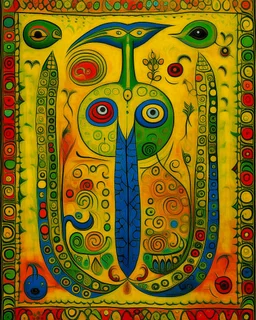 A dark yellow glistening dream-like fantasy designed in Kuna molas painted by Alexej von Jawlensky
