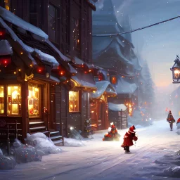 Santa Claus rides on just one polar bear and hands out presents to the children in the street. There is snow on the street, the lanterns are burning. Oil painting, dynamic lighting 8k, very cute, fantasy, fantastic view, colourful, Nikon850 highly detailed