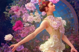 gardenia flowers, colorful, psychedelic, intricate, elegant, highly detailed, digital painting, artstation, concept art, smooth, sharp focus, illustration, art by artgerm and greg rutkowski and alphonse mucha, ballerina, ghibli robot