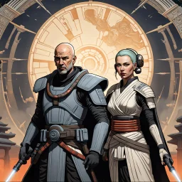 a bold and heroic bald male Corellian pilot in black and grey First Order special forces gear meets a female Jedi Master in ancient, mystical temple, hyperdetailed, dynamic lighting, hyperdetailed background, 8k resolution, volumetric lighting, light skin, fully symmetric details