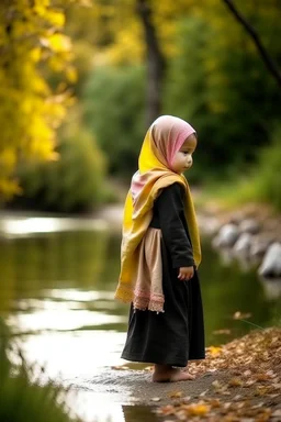 Little Muslim girl walking beside a river