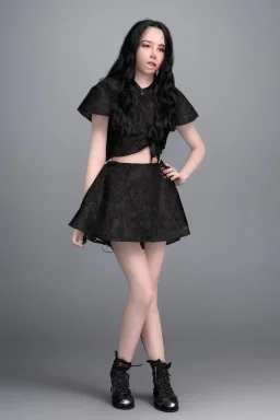 Billie Eilish, sitting on a chair, Black Short Dress, high detail, realistic, 8k