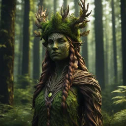 create a female shadowed forest spirit guardian , with highly detailed, sharply lined facial features, in the deep forest of Brokilon in rustic woodland colors, 4k