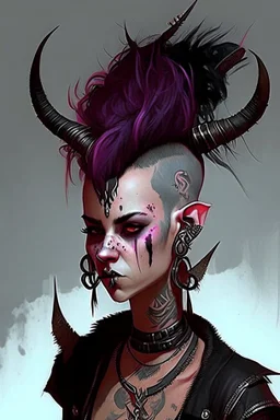 As tiefling teenage girl, she has lots of jewelry and the horns of a ram and also the horns of a gazelle, she has a mohawk and is punk, goth, covered in tattoos