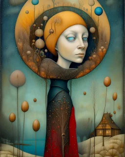 Richly textured Hieronymus Bosch, Catrin Welz-Stein, William Turner, Zdzisław Beksiński, Jacek Yerka oil on canvas zentangle line art style mix, surreal frosted fantasyland winter oceanscape, hoarfrost on trees, high grasses, snow and cottages, withered flowers, pale sunrise; paint splatter, beautiful vibrant colors, reflections, SK, flying seagulls, dramatic clouds, snowfall.