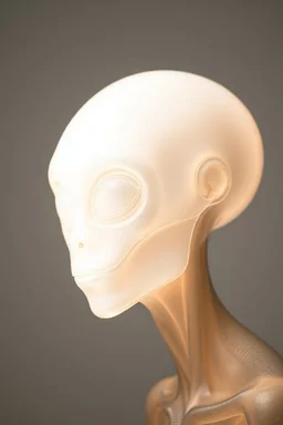 A transparent, hollow, glowing, face , a side view photo , 8k, high resolution for a big head alien in white