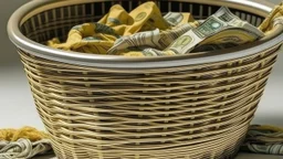 Gold and money in a laundry basket together with laundry