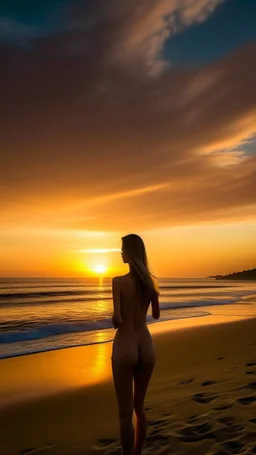 A beautiful naked girl standing on the beach sound looking to sunset