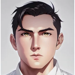 mysterious youthful Russan male, man, dark and intriguing, confident, intense, handsome, anime style, retroanime style, cool style, dark black short hairs, white shirt, white paint background, white man, brown eyes, middle lips, A small smile, The head looks straight ahead