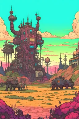 landscape of dead monsters and machines in an anime style