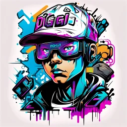 Vector t shirt art ready to print abstract color graffiti illustration of a cyberpunk boy and a basecap with text "Digi" On cap, white background.