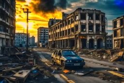 photo if an abandoned modern city center after apocalypse with an medieval castle on the right side. crumbling buildings, cracked ground and asphalt streets. car wrecks, fire and smoke everywhere, low saturated colors