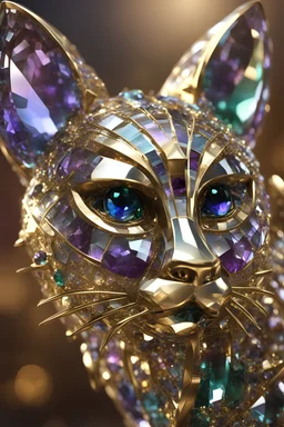 large crystal cat statue, inspired by greg rutkowski, award winning sculpture, artistic, creative, wow, beautiful, hyper realistic, bokeh, made of small shiny slabs of slightly opaque multicolored emerald and saphire and amethyst on gold filligree, vray render, amazing craftmanship, very dark and saturated colors