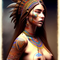 Dibujo de cuerpo entero de SOFÍA VERGARA Tribal Apache bella pintada con tatuajes bella con estilo de Artemisia Gentileschi