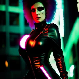 portrait, beautiful punk busty female Cyborg, intense stare, Glowing sad green eyes, post-apocalyptic in a cyberpunk city,minimal skintight latex dress, bladerunner, realistic, intriacte detail, sci-fi fantasy style, volumetric lighting, particles, highly detailed ,cinamatic , deep colours,8k, in the style of Kaare Andrews