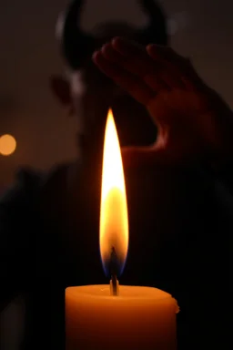 Close-up of the candle flame that glows unnaturally bright, mysterious aura, soft, a devil face in distance in the background , a hand is coming to you