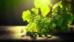 small bunch of small juicy green grapes on a table, vineyard background, wide angle view from far off, cinematic lighting Hyperrealistic, splash art, concept art, mid shot, intricately detailed, color depth, dramatic, side light, bright natural light, colorful background